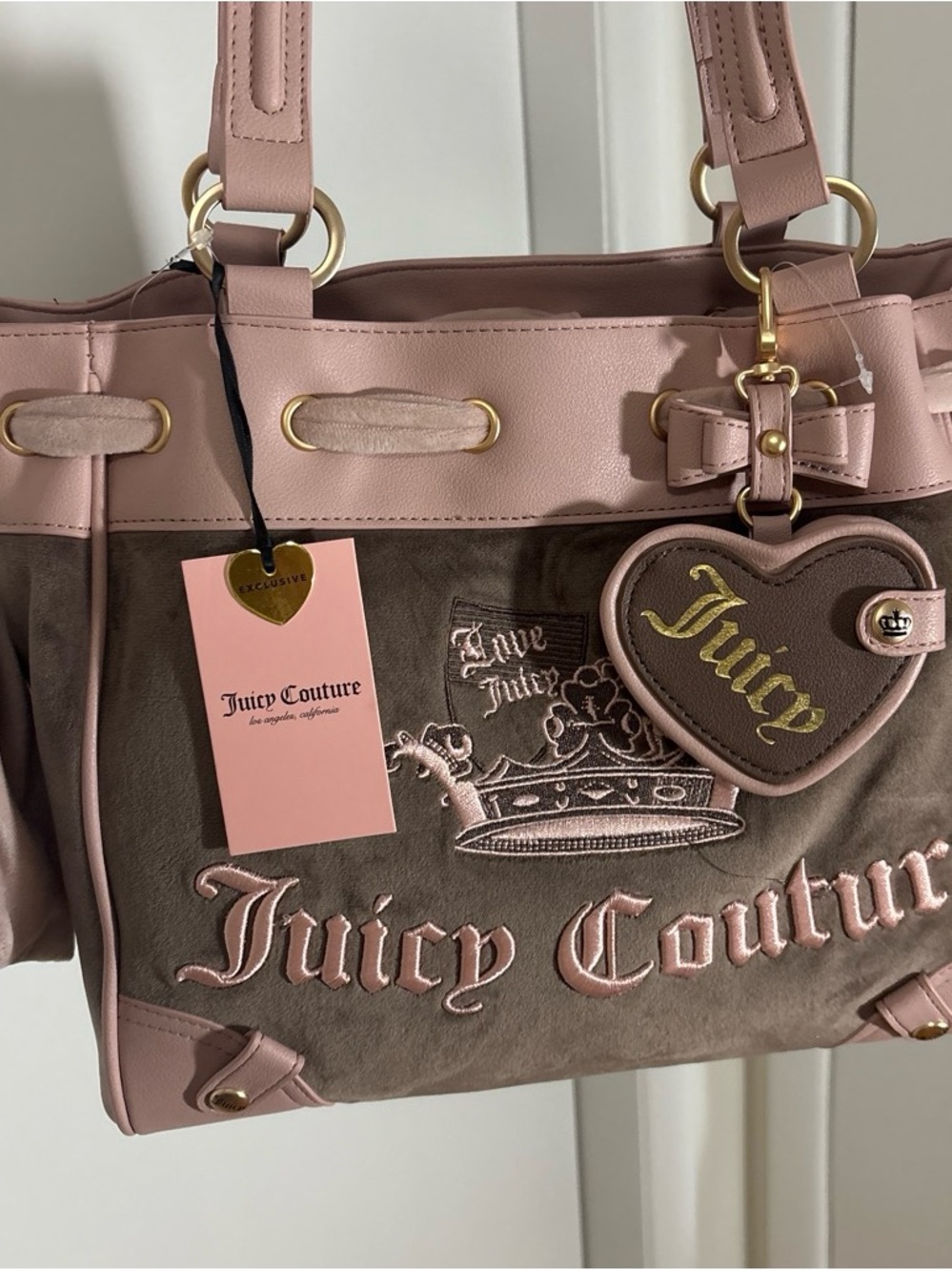 Juicy Couture Pink & Taupe Heart Charm Tote